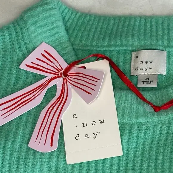 A New Day Cherry Motif Sweater Women's M | Mint Green | Crew Neck Knit | NWT - Picture 4 of 11